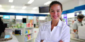 Pharmacy technician smiling with pharmacy in background